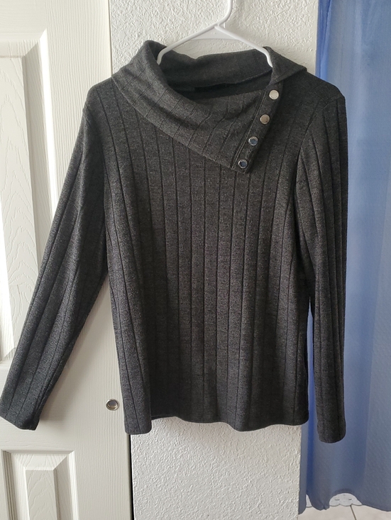 Rafaella Sweaters - Rafaella Charcoal Ribbed Button-Accented Cowl Neck Sweater